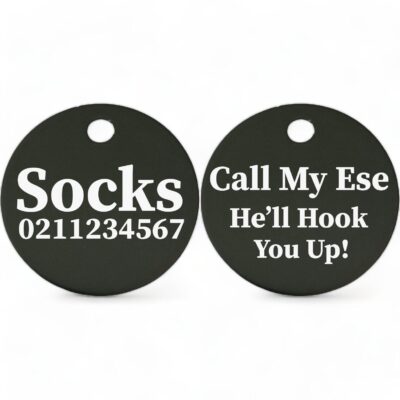 ⭐️Allpaws⭐️ - Call My Ese He'll Hook You Up! | Round Aluminium | Cat & Kitten ID Pet Tag - Black