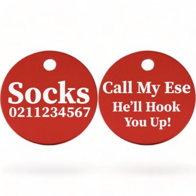 ⭐️Allpaws⭐️ - Call My Ese He'll Hook You Up! | Round Aluminium | Cat & Kitten ID Pet Tag - Firebrick
