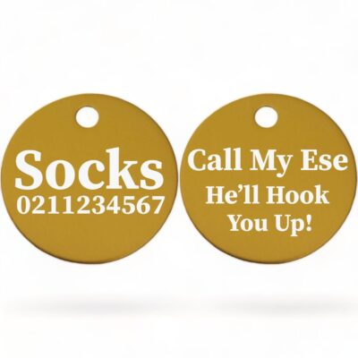 ⭐️Allpaws⭐️ - Call My Ese He'll Hook You Up! | Round Aluminium | Cat & Kitten ID Pet Tag - Gold