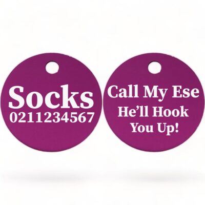 ⭐️Allpaws⭐️ - Call My Ese He'll Hook You Up! | Round Aluminium | Cat & Kitten ID Pet Tag - Purple