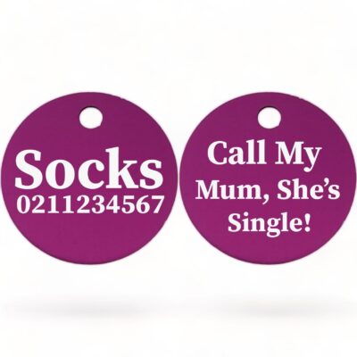 ⭐️Allpaws⭐️ - Call my Mum, She's Single! | Round Aluminium | Cat & Kitten ID Pet Tag - Purple / Mum