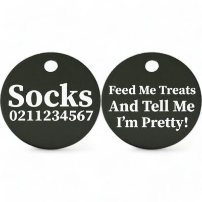 ⭐️Allpaws⭐️ - Feed Me Treats And Tell Me I'm Pretty | Round Aluminium | Cat & Kitten ID Pet Tag - Black