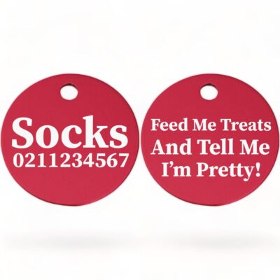 ⭐️Allpaws⭐️ - Feed Me Treats And Tell Me I'm Pretty | Round Aluminium | Cat & Kitten ID Pet Tag - DeepPink