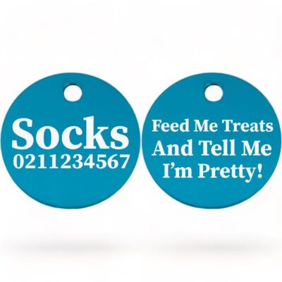 ⭐️Allpaws⭐️ - Feed Me Treats And Tell Me I'm Pretty | Round Aluminium | Cat & Kitten ID Pet Tag - DodgerBlue
