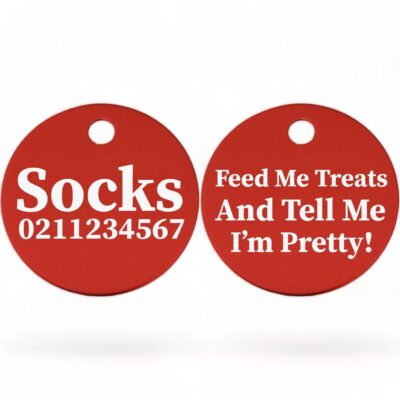 ⭐️Allpaws⭐️ - Feed Me Treats And Tell Me I'm Pretty | Round Aluminium | Cat & Kitten ID Pet Tag - Firebrick