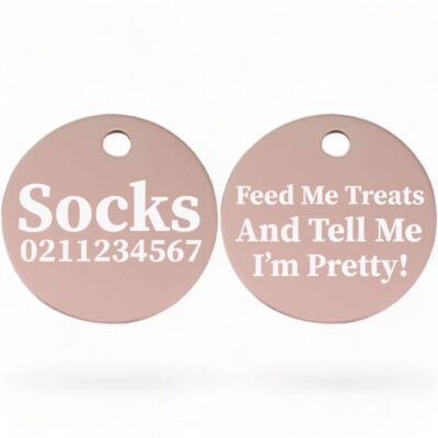 ⭐️Allpaws⭐️ - Feed Me Treats And Tell Me I'm Pretty | Round Aluminium | Cat & Kitten ID Pet Tag - LightPink