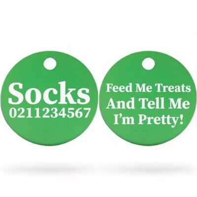 ⭐️Allpaws⭐️ - Feed Me Treats And Tell Me I'm Pretty | Round Aluminium | Cat & Kitten ID Pet Tag - MediumSpringGreen