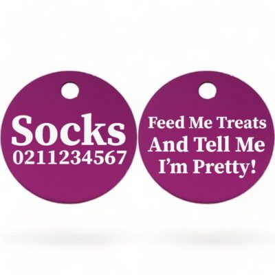 ⭐️Allpaws⭐️ - Feed Me Treats And Tell Me I'm Pretty | Round Aluminium | Cat & Kitten ID Pet Tag - Purple