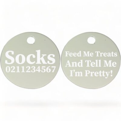 ⭐️Allpaws⭐️ - Feed Me Treats And Tell Me I'm Pretty | Round Aluminium | Cat & Kitten ID Pet Tag - Silver