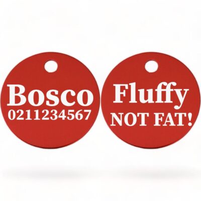 ⭐️Allpaws⭐️ - Fluffy Not Fat! | Round Aluminium | Dog ID Pet Tag - FireBrick