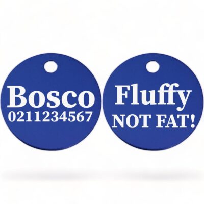 ⭐️Allpaws⭐️ - Fluffy Not Fat! | Round Aluminium | Dog ID Pet Tag - RoyalBlue