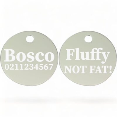 ⭐️Allpaws⭐️ - Fluffy Not Fat! | Round Aluminium | Dog ID Pet Tag - Silver
