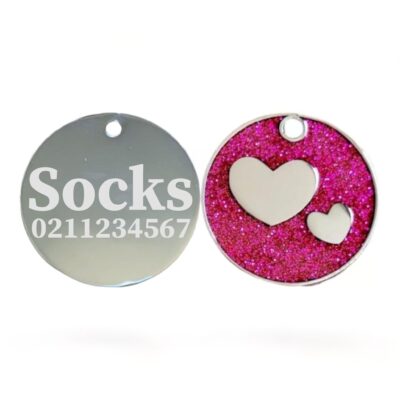 ⭐️Allpaws⭐️ - Glitter Heart Round Cat & Dog ID Pet Tag - DeepPink
