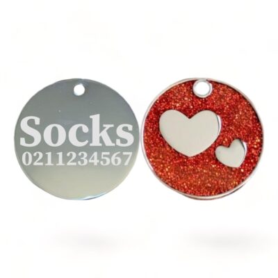 ⭐️Allpaws⭐️ - Glitter Heart Round Cat & Dog ID Pet Tag - FireBrick
