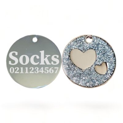 ⭐️Allpaws⭐️ - Glitter Heart Round Cat & Dog ID Pet Tag - White