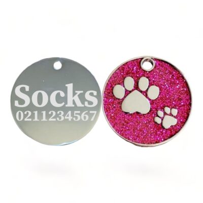 ⭐️Allpaws⭐️ - Glitter Paw Print Round Cat & Dog ID Pet Tag - DeepPink