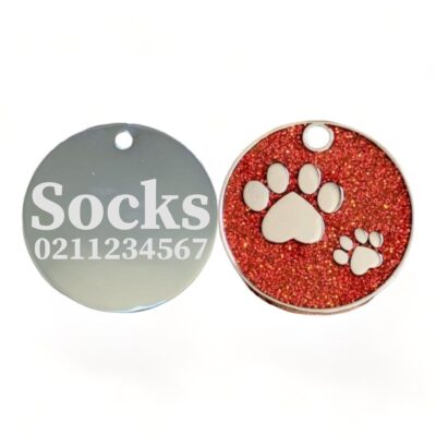 ⭐️Allpaws⭐️ - Glitter Paw Print Round Cat & Dog ID Pet Tag - FireBrick