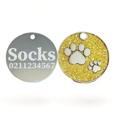 ⭐️Allpaws⭐️ - Glitter Paw Print Round Cat & Dog ID Pet Tag - Gold