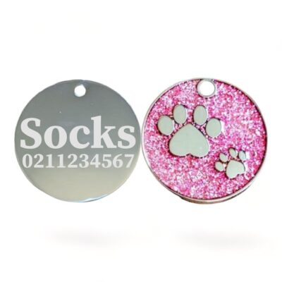 ⭐️Allpaws⭐️ - Glitter Paw Print Round Cat & Dog ID Pet Tag - LightPink