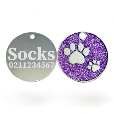 ⭐️Allpaws⭐️ - Glitter Paw Print Round Cat & Dog ID Pet Tag - Purple