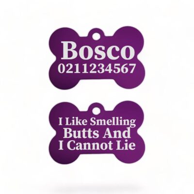 ⭐️Allpaws⭐️ - I Like Smelling Butts | Bone Aluminium | Dog ID Pet Tag - Purple