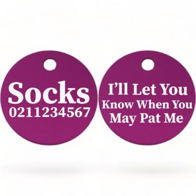 ⭐️Allpaws⭐️ - I'll Let You Know When You May Pat Me | Round Aluminium | Cat & Kitten ID Pet Tag - Purple