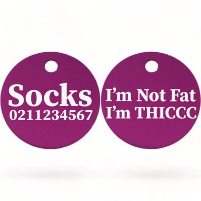 ⭐️Allpaws⭐️ - I'm Not Fat, I'm THICCC | Round Aluminium | Cat & Kitten ID Pet Tag - Purple
