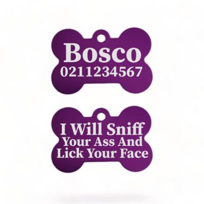 ⭐️Allpaws⭐️ - I Will Sniff Your Ass & Lick Your Face | Bone Aluminium | Dog ID Pet Tag - Purple