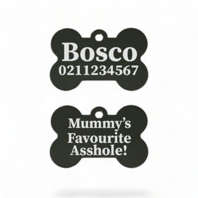 ⭐️Allpaws⭐️ - Mummy's / Daddy's Favourite Asshole | Bone Aluminium | Dog ID Pet Tag - Black / Mum