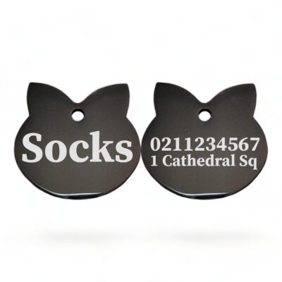 ⭐️Allpaws⭐️ - Name Front & 1 Number Address Back Cat Ears | Mirror Stainless | Cat ID Pet Tag - Black