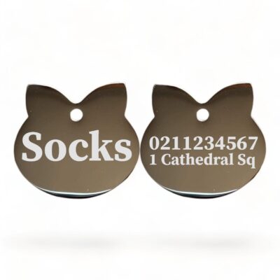 ⭐️Allpaws⭐️ - Name Front & 1 Number Address Back Cat Ears | Mirror Stainless | Cat ID Pet Tag - Silver