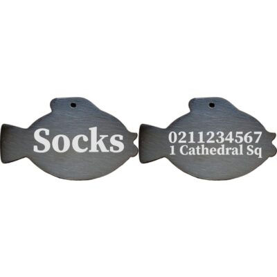 ⭐️Allpaws⭐️ - Name Front & 1 Number Address Back Fish | Mirror Stainless | Cat & Dog ID Pet Tag - Black
