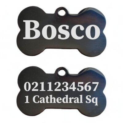⭐️Allpaws⭐️ - Name Front & 1 Number Address Back | Mirror Stainless | Bone Dog ID Pet Tag - Black / Small
