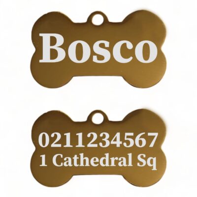 ⭐️Allpaws⭐️ - Name Front & 1 Number Address Back | Mirror Stainless | Bone Dog ID Pet Tag - Gold / Small