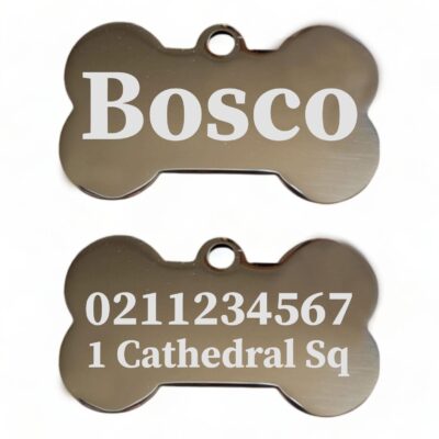 ⭐️Allpaws⭐️ - Name Front & 1 Number Address Back | Mirror Stainless | Bone Dog ID Pet Tag - Silver / Small