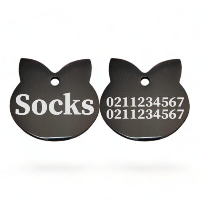 ⭐️Allpaws⭐️ - Name Front & 2 Numbers Back Cat Ears | Mirror Stainless | Cat ID Pet Tag - Black