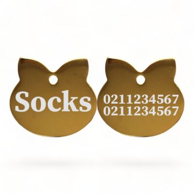 ⭐️Allpaws⭐️ - Name Front & 2 Numbers Back Cat Ears | Mirror Stainless | Cat ID Pet Tag - Gold