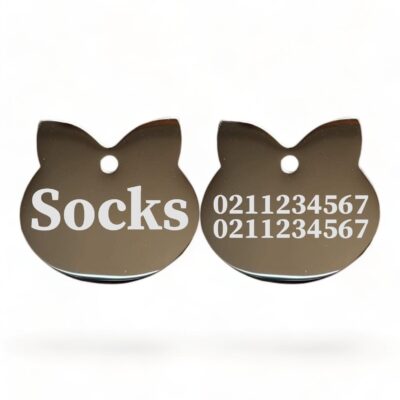 ⭐️Allpaws⭐️ - Name Front & 2 Numbers Back Cat Ears | Mirror Stainless | Cat ID Pet Tag - Silver