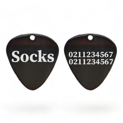 ⭐️Allpaws⭐️ - Name Front & 2 Numbers Back Guitar Pick | Mirror Stainless | Dog & Cat ID Pet Tag - Black