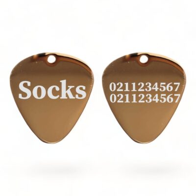 ⭐️Allpaws⭐️ - Name Front & 2 Numbers Back Guitar Pick | Mirror Stainless | Dog & Cat ID Pet Tag - BurlyWood