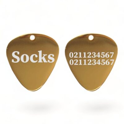 ⭐️Allpaws⭐️ - Name Front & 2 Numbers Back Guitar Pick | Mirror Stainless | Dog & Cat ID Pet Tag - Gold
