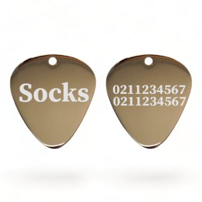 ⭐️Allpaws⭐️ - Name Front & 2 Numbers Back Guitar Pick | Mirror Stainless | Dog & Cat ID Pet Tag - Silver