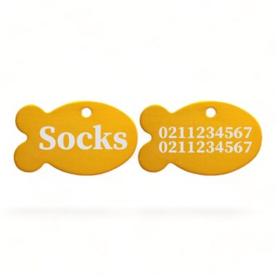 ⭐️Allpaws⭐️ - Name Front & 2 Numbers Back | Fish Aluminum | Cat, Kitten & Dog ID Pet Tag - Gold
