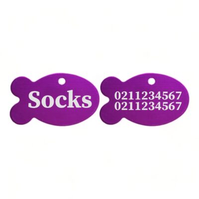 ⭐️Allpaws⭐️ - Name Front & 2 Numbers Back | Fish Aluminum | Cat, Kitten & Dog ID Pet Tag - Purple