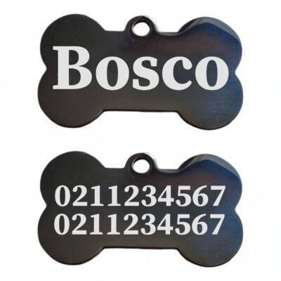 ⭐️Allpaws⭐️ - Name Front & 2 Numbers Back | Mirror Stainless | Bone Dog ID Pet Tag - Black / Small