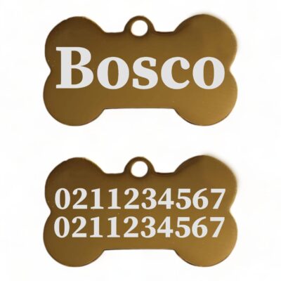 ⭐️Allpaws⭐️ - Name Front & 2 Numbers Back | Mirror Stainless | Bone Dog ID Pet Tag - Gold / Small