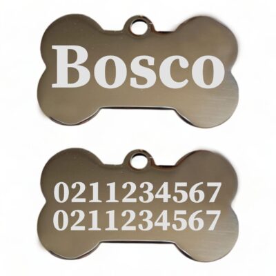 ⭐️Allpaws⭐️ - Name Front & 2 Numbers Back | Mirror Stainless | Bone Dog ID Pet Tag - Silver / Small