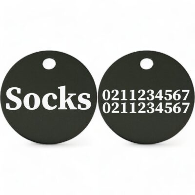 ⭐️Allpaws⭐️ - Name Front & 2 Numbers Back | Round Aluminium | Cat & Kitten ID Pet Tag - Black