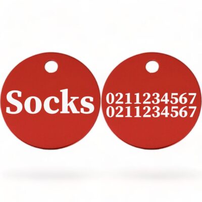 ⭐️Allpaws⭐️ - Name Front & 2 Numbers Back | Round Aluminium | Cat & Kitten ID Pet Tag - Firebrick