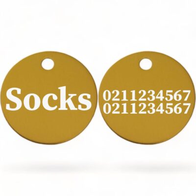 ⭐️Allpaws⭐️ - Name Front & 2 Numbers Back | Round Aluminium | Cat & Kitten ID Pet Tag - Gold